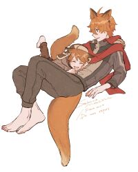 2boys ahoge alternate_costume animal_ear_fluff animal_ears artist_name barefoot blue_eyes brothers brown_headwear brown_jacket brown_pants buttons child closed_eyes crystal_earrings earrings fingernails fox_ears fox_tail genshin_impact hair_between_eyes happy hat highres hood hooded_jacket jacket jewelry kemonomimi_mode leg_up long_sleeves looking_at_another lying lying_on_person male_focus multiple_boys on_stomach open_mouth orange_hair pants red_scarf sakanomachico scarf short_hair siblings simple_background single_earring sitting smile tail tartaglia_(genshin_impact) teucer_(genshin_impact) toenails v-shaped_eyebrows white_background