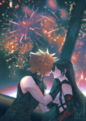 1boy 1girl aerial_fireworks armor bare_shoulders black_gloves black_hair black_skirt blonde_hair blurry blurry_background blush breasts closed_mouth cloud_strife commentary couple crop_top ear_blush earrings facing_another final_fantasy final_fantasy_vii final_fantasy_vii_rebirth final_fantasy_vii_remake fireworks gloves gondola_lift hand_on_another&#039;s_shoulder hetero imminent_kiss jewelry large_breasts lips long_hair midriff miyukiko night night_sky ribbed_sweater short_hair shoulder_armor signature single_arm_guard single_bare_shoulder single_earring sitting skirt sky sleeveless sleeveless_turtleneck spiked_hair suspender_skirt suspenders sweater tank_top tifa_lockhart turtleneck turtleneck_sweater upper_body white_tank_top