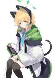 1girl :/ animal_ear_headphones animal_ears black_coat black_shorts black_tail black_thighhighs blonde_hair blue_archive blue_necktie bow cat_ear_headphones cat_ears cat_tail closed_mouth coat collared_shirt commentary dated_commentary fake_animal_ears fake_tail feet_out_of_frame green_bow green_coat green_eyes green_halo hair_bow halo handheld_game_console headphones highres holding holding_handheld_game_console hood hood_down hooded_coat invisible_chair knees_together_feet_apart light_blush long_sleeves looking_back low-tied_sidelocks midori_(blue_archive) multicolored_coat necktie nintendo_switch open_clothes open_coat oversized_clothes school_uniform shirt short_hair short_shorts shorts sidelocks simple_background sitting solo tail tail_raised thighhighs user_tydd2447 white_background white_coat white_shirt wide_sleeves