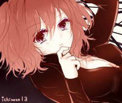 1girl akuma_no_riddle aminyao black_bodysuit bodysuit breasts cleavage female_focus hair_between_eyes ichinose_haru long_sleeves looking_at_viewer medium_breasts medium_hair parted_lips pink_hair purple_eyes scar sketch solo upper_body