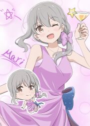 1girl bare_shoulders breasts character_name chibi closed_mouth cup dress drinking_glass english_text feet_out_of_frame female_focus full_body glass grey_eyes grey_hair hair_between_eyes highres holding jewelry koisuru_asteroid looking_at_viewer medium_breasts mole mole_under_eye morino_mari necklace one_eye_closed open_mouth qb_(qb46311027) smile solo standing star_(symbol) wine_glass