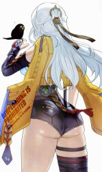 1girl ass asymmetrical_gloves back bird black_gloves black_shorts black_thighhighs breasts elbow_gloves fingerless_gloves gloves high-waist_shorts highres huge_ass large_breasts long_hair shirt shorts single_thighhigh solo thighhighs thighs uenoryoma white_hair white_shirt yixuan_(zenless_zone_zero) zenless_zone_zero