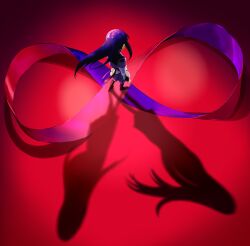 1girl absurdres akemi_homura akemi_homura_(magical_girl) black_hair from_above from_behind highres infinity_symbol long_hair magical_girl mahou_shoujo_madoka_magica mihifu mobius_strip red_background shadow solo standing