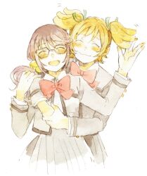 2girls :3 :d ^_^ arm_around_shoulder bell blonde_hair blush bow bowtie breast_pocket closed_eyes closed_mouth collared_shirt commentary_request cropped_legs daiba_nana facing_viewer flipped_hair front-to-back glasses green_ribbon grey_jacket grey_skirt hair_bell hair_between_eyes hair_ornament hair_ribbon hand_on_another&#039;s_arm hands_up holding_another&#039;s_hair holding_own_wrist hoshimi_junna hug hug_from_behind ichiko_(hanakasu) jacket long_hair long_sleeves motion_lines multiple_girls open_clothes open_jacket open_mouth pleated_skirt pocket ponytail purple_hair red_bow red_bowtie ribbon school_uniform seishou_music_academy_uniform shirt short_hair short_twintails shoujo_kageki_revue_starlight simple_background skirt smile twintails white_background white_shirt yuri