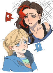 ! 2girls ? absurdres blonde_hair blue_eyes blue_hoodie blush brown_eyes brown_hair chinese_commentary collarbone colored_speech_bubble commentary_request cropped_torso ear_blush ear_piercing earrings eye_contact forehead frown hair_behind_ear hair_pulled_back highres hood hoodie inside_out inside_out_2 jewelry light_blush long_hair looking_at_another molu_stranger multicolored_hair multiple_girls open_mouth parted_lips piercing ponytail riley_andersen simple_background single_off_shoulder sparkle sparkling_aura speech_bubble streaked_hair stud_earrings sweatdrop teeth two-tone_hair upper_teeth_only valentina_ortiz wavy_hair white_background yuri
