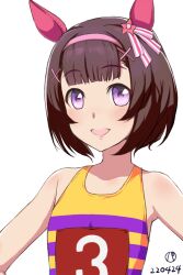 1girl abriel00 animal_ears blunt_bangs blush brown_hair commentary_request dated ear_covers flat_chest hairband horse_ears horse_girl looking_at_viewer nishino_flower_(umamusume) open_mouth pink_hairband purple_eyes purple_tank_top race_bib short_hair simple_background smile solo striped_tank_top tank_top umamusume upper_body white_background yellow_tank_top