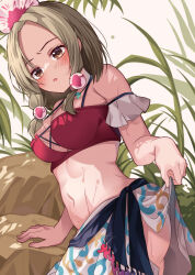 Rule 34 | 1girl, alternate costume, ass, bikini, blonde hair, blush, breasts, brown eyes, cleavage, clothes lift, commentary request, highres, jewelry, lifting own clothes, long hair, looking at viewer, magatama, magatama necklace, meimei (meimei89008309), navel, necklace, open mouth, outdoors, red bikini, sarong, sarong lift, solo, stomach, sweatdrop, swimsuit, tamatsukuri misumaru, touhou