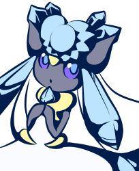 blue_eyes blue_theme colored_sclera diancie gen_6_pokemon hands_up heart legendary_pokemon looking_to_the_side mega_diancie mega_pokemon monochrome muguet mythical_pokemon nintendo no_humans open_mouth own_hands_together pokemon pokemon_(creature) purple_sclera simple_background solo twintails white_background