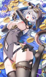 1girl :p absurdres animal_ear_fluff animal_ears arms_up barefoot belt black_leotard blue_eyes blush breasts cat_ears censored chinese_commentary cipher_(honkai:_star_rail) closed_mouth clothing_cutout coin commentary_request feet fingernails flower foot_out_of_frame grey_hair highleg highleg_leotard highres holding holding_coin honkai:_star_rail honkai_(series) jndfh large_breasts leotard long_hair long_sleeves looking_at_viewer lying mosaic_censoring nail_polish navel navel_cutout nipples no_shoes on_back paid_reward_available paw_pose purple_flower pussy soles solo thigh_belt thigh_strap thighs toes tongue tongue_out torn_clothes torn_leotard variant_set very_long_hair yellow_nails