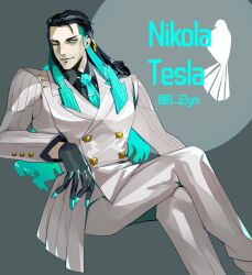 Rule 34 | 1boy, 1natsu (8 12ym), black hair, blue eyes, blue hair, collared shirt, crossed legs, fate/grand order, fate (series), formal clothes, gloves, highres, jacket, long hair, long sleeves, looking at viewer, male focus, multicolored hair, necktie, nikola tesla (fate), one eye closed, pants, shirt, sitting, smile, solo, suit