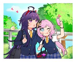 2girls ;p ahoge alternate_costume aylu_tori bag bird blue_cardigan blue_eyes blue_skirt blue_sky blue_vest bracelet breasts bush cardigan commentary commission elf elysia_(honkai_impact) english_commentary fake_horns highres holding holding_phone honkai_(series) honkai_impact_3rd horns jewelry kurikara_(honkai_impact) multiple_girls necktie one_eye_closed open_mouth phone pink_hair pointy_ears purple_eyes purple_hair raiden_mei school_uniform selfie shirt shoulder_bag skirt sky tongue tongue_out vest white_shirt yellow_necktie