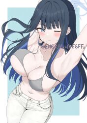 Rule 34 | 1girl, ;/, absurdres, adversarial noise, alternate costume, armpits, arms behind head, arms up, bare arms, bikini, bikini top only, black hair, blue archive, blue background, blue hair, blue halo, blue streaks, blunt bangs, blush, border, bouncing breasts, breasts, closed mouth, collarbone, colored inner hair, commentary, denim, foreshortening, from above, furrowed brow, grey bikini, halo, highres, jeans, large breasts, legs together, long hair, long sidelocks, looking at viewer, multicolored hair, navel, one eye closed, outside border, pants, saori (blue archive), serious, sidelocks, solo, standing, stomach, streaked hair, sweatdrop, swimsuit, twitter username, two-tone hair, white border, white pants, yamano rokamizu
