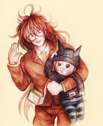 2boys ^_^ artist_name beanie belt belt_buckle black_belt black_eyes black_hat black_jacket black_pants blazer blue_pants blush brown_hair brown_jacket brown_pants brown_suit buckle closed_eyes collared_jacket collared_shirt commentary cowboy_shot cropped_legs danganronpa_(series) danganronpa_v3:_killing_harmony embarrassed english_commentary fake_horns formal_clothes glasses gokuhara_gonta green_necktie half-closed_eyes hand_on_headwear hand_up happy hat height_difference highres horned_headwear horns hoshi_ryoma bug_cage jacket lapel_pin lapels layered_sleeves leather leather_jacket lifting_person loiodg long_hair long_sleeves male_focus messy_hair multiple_boys necktie notched_lapels open_mouth pants parted_lips round_eyewear shirt simple_background smile striped_clothes striped_pants suit sweatdrop teeth two-tone_pants upper_teeth_only very_long_hair white_shirt yellow_background