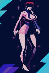 1girl absurdres boots breasts cleavage cleavage_cutout clothing_cutout curvy dress female_focus fishnets heel_up highres huge_breasts large_breasts leather long_hair long_sleeves pale_skin ponytail red_hair shermie_(kof) skirt standing the_king_of_fighters thick_thighs thighs wide_hips yuanman