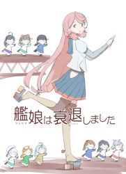 Rule 34 | ahoge, akashi (kancolle), black hair, blue skirt, brown hair, commentary request, fairy (kancolle), goggles, goggles on head, green eyes, grey hair, hair ribbon, hat, hip vent, jinrui wa suitai shimashita, kantai collection, light brown hair, long hair, long sleeves, looking back, open mouth, orange hair, parody, pink hair, pleated skirt, ponytail, purple hair, ribbon, sailor hat, school uniform, serafuku, skirt, smile, standing, standing on one leg, tress ribbon, white hair, yamaioni (sasakama)