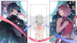 1boy 2girls arms_behind_back black_cape black_eyes black_hair boruto:_naruto_next_generations bracelet cape cherry_blossoms dress facing_away green_eyes haruno_sakura highres house jewelry lipstick looking_at_another makeup mlynar moon multiple_girls naruto_(series) pink_hair red_dress ring rinnegan short_hair smile uchiha_sarada uchiha_sasuke uchiha_symbol