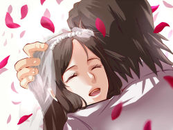 Rule 34 | 10s, 1boy, 1girl, bad id, bad pixiv id, bridal veil, brown hair, closed eyes, couple, from behind, hand on another&#039;s head, happy, hetero, hug, husband and wife, kaburagi t. kotetsu, kaburagi tomoe, long hair, mugentansan, open mouth, petals, smile, tiger &amp; bunny, tuxedo, veil, wedding