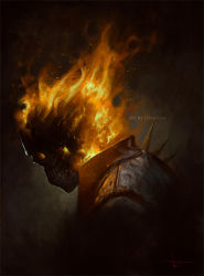 1boy artist_name black_jacket brown_background fire from_side ghost_rider ghost_rider_(series) gradient_background highres jacket marvel signature skull solo teeth teradiam upper_body