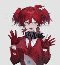 bandana bandana_around_neck black_bandana chinese_commentary commentary_request e.g.o_(project_moon) employee_(project_moon) fangs flying_sweatdrops gloves grey_background hair_between_eyes hands_up highres jacket lobotomy_corporation long_sleeves looking_at_viewer mimicry_(e.g.o) necktie nugget_(project_moon) open_mouth project_moon quad_tails red_gloves red_hair red_jacket red_necktie shirt short_hair simple_background smile sweat upper_body vihua6 white_shirt yellow_eyes