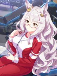1girl absurdres ahoge animal_ears artist_request biwa_hayahide_(umamusume) breasts brown_eyes clipboard closed_mouth collarbone cowboy_shot crest crown expressionless eyelashes game_cg glasses gold_crown grey_hair gym hair_ornament highres holding holding_clipboard holding_pen horse_ears horse_girl indoors large_breasts light_blush light_frown light_particles light_rays long_hair long_sleeves loose_hair_strand mini_crown object_to_mouth official_art on_bench pen reading red-framed_eyewear red_track_suit shirt sitting solo sparkle tracen_training_uniform track_suit tsurime umamusume very_long_hair wavy_hair weight weight_bench white_shirt