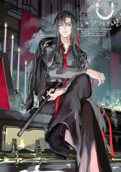 1boy alternate_costume alternate_universe ankekkai black_boots black_hair black_jacket black_pants black_shirt boots candle candlestand closed_mouth coffin contemporary crossed_legs flower flute grey_eyes hair_between_eyes hair_down hair_ribbon half_updo highres holding holding_flute holding_instrument instrument jacket jacket_on_shoulders leather leather_jacket long_hair long_sleeves looking_at_viewer male_focus modao_zushi necktie official_alternate_hairstyle pants red_necktie red_ribbon ribbon shirt shoes sitting smoke solo tassel twitter_username watermark wei_wuxian wei_wuxian_(yiling_laozu) white_flower