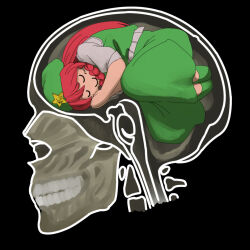 beret closed_eyes dress green_dress green_vest hat hat_ornament highres hong_meiling human_head koyubi_(littlefinger1988) red_hair shirt skull sleeping star_(symbol) star_hat_ornament touhou u_u vest white_shirt