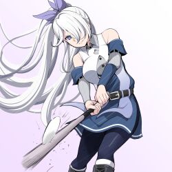 Rule 34 | 1girl, ball, barkhorn0331, baseball, baseball (object), baseball bat, baseball uniform, belt, belt buckle, belt collar, black belt, black boots, black pantyhose, blue eyes, boots, buckle, cinderella series, closed mouth, collar, detached sleeves, dress, feet out of frame, floating hair, gradient hair, hachigatsu no cinderella nine, hair over one eye, highres, holding, holding baseball bat, kusakari rena, long hair, looking at object, metal baseball bat, motion blur, motion lines, multicolored hair, one eye covered, pantyhose, playing sports, purple background, sleeveless, sleeveless dress, solo, speed lines, sportswear, very long hair, white hair