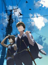 2boys bird black_eyes black_hair black_jacket black_pants black_vest blue_sky brown_hair cigarette cloud collared_shirt commentary commentary_request day from_below gintama hand_in_pocket highres hijikata_toushirou holding holding_jacket holding_sword holding_unworn_clothes holding_weapon jacket katana looking_afar looking_up male_focus mouth_hold multiple_boys outdoors pants power_lines scabbard shading_eyes sheath sheathed shinsengumi_(gintama) shirt short_hair sky sleeveless sleeveless_jacket smoking sword torn_clothes torn_shirt torn_sleeves unworn_jacket user_xcmk4578 utility_pole vest weapon white_shirt yamazaki_sagaru
