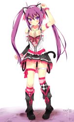 Rule 34 | 1girl, animal ears, arm up, armband, asymmetrical legwear, asymmetrical sleeves, beatmania iidx, belt, bemani, bikini, bikini top only, black boots, black skirt, black sleeves, blouse, blush, boots, breasts, cat ears, cat tail, cleavage, collarbone, fake animal ears, female focus, floating hair, front-tie bikini top, front-tie top, full body, hairband, highres, knee boots, kneehighs, leg ribbon, long hair, looking at viewer, looking up, medium breasts, miniskirt, mizushiro celica, mizushiro celica (punk cat), necktie, open clothes, open shirt, pink socks, pleated skirt, purple eyes, purple hair, red bikini, red ribbon, ribbon, see-through clothes, shirt, simple background, single sleeve, skirt, sleeveless, sleeveless shirt, smile, socks, solo, standing, swimsuit, tail, takai seika, thigh ribbon, thigh strap, twintails, uneven legwear, uneven sleeves, very long hair, white background, white hairband, white shirt, wristband