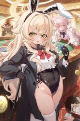1boy 3girls akira_(blue_archive) animal_ear_fluff animal_ears black_coat black_gloves black_leotard blonde_hair blue_archive bow bowtie brown_hair cane cat_ears cat_girl closed_mouth coat coat_on_shoulders colored_eyelashes commentary_request covered_navel cross-laced_clothes cross-laced_leotard doodle_sensei_(blue_archive) fake_animal_ears fox_ears fox_girl gloves hair_intakes halo highleg highleg_leotard highres holding holding_cane holding_poker_chip leotard long_hair long_sleeves looking_at_viewer multiple_girls open_clothes open_coat poker_chip poker_table professor_niyaniya_(blue_archive) red_bow red_bowtie red_eyes red_halo sensei_(blue_archive) shirt side-tie_leotard smile solo_focus table thighs tongue tongue_out wakamo_(blue_archive) white_coat white_gloves white_hair white_halo white_shirt white_wrist_cuffs wrist_cuffs yellow_halo yoyopipa