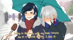 Rule 34 | 2020s, 2024, 2girls, absurdres, aster10s, blue hair, blue scarf, blue umbrella, blush, coat, covering face, earrings, english text, female focus, genshin impact, green eyes, highres, holding, holding microphone, interview, jewelry, meme, microphone, multiple girls, outdoors, red scarf, scarf, shenhe (genshin impact), smile, snow, special feeling (meme), standing, umbrella, white hair, yelan (genshin impact), yuri