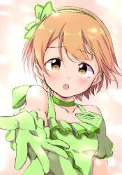 1girl :o bare_shoulders blush bow choker collarbone dress foreshortening gloves green_bow green_choker green_dress green_gloves green_hairband hair_bow hairband highres hoshizora_rin looking_at_viewer love_live! love_live!_school_idol_project open_mouth orange_hair outstretched_arm outstretched_hand sen_(sen0910) short_hair sleeveless sleeveless_dress solo upper_body yellow_eyes