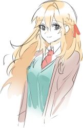 1girl blonde_hair braid cardigan closed_mouth collared_shirt grey_eyes hair_between_eyes hair_ribbon highres jacket lee_yu-ri long_hair looking_at_viewer necktie red_necktie red_ribbon ribbon rkgk_ymmm shirt simple_background sketch smile solo upper_body white_background white_shirt zombie_high_school