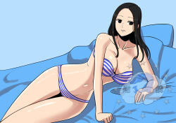 1girl absurdres bare_shoulders beautiful_gunbari bikini black_hair blue_background blue_bikini breasts feet_out_of_frame highres long_hair medium_breasts mole mole_under_mouth navel oh_junghwa on_bed solo striped_bikini striped_clothes swimsuit vmfhaldnjfem watermark