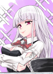 1girl blush breasts corset cosplay crossed_arms hat highres kantai_collection kirov_(kancolle) large_breasts long_hair long_sleeves looking_at_viewer necktie nekotarou_(nktr299) pink_eyes pink_hair pola_(kancolle) pola_(kancolle)_(cosplay) shirt smile solo upper_body white_shirt