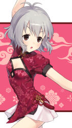 Rule 34 | 1girl, blush, breasts, brown eyes, china dress, chinese clothes, dress, grey hair, idolmaster, idolmaster cinderella girls, looking to the side, lunalight-dg, narumiya yume, short dress, short hair, small breasts, solo, tassel