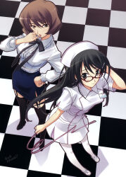 2girls absurdres black_bow black_bowtie black_eyes black_garter_straps black_hair blue_skirt blush bob_cut boots bow bowtie breasts brown_eyes brown_hair chaos;head check_clothing checkered_background checkered_floor clothing_request dress finger_to_mouth fingernails frilled_shirt frills from_above garter_straps glasses hair_down hat hazuki_shino_(chaos;head) highres holding holding_ribbon knee_boots long_hair long_sleeves matsuo_yukihiro medium_breasts miniskirt momose_katsuko multiple_girls narrowed_eyes nurse nurse_cap official_art open_mouth pantyhose pink_ribbon pink_trim pinky_to_mouth red-framed_eyewear ribbon science_adventure shirt short_hair side_slit skirt slimmed_down small_breasts smile thighhighs white_dress white_pantyhose zettai_ryouiki
