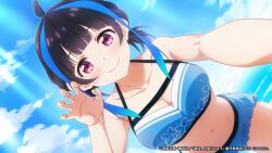 1girl bikini black_hair blue_bikini blue_hair blue_sky breasts cleavage closed_mouth collarbone copyright_notice day dutch_angle hand_up highres kanojo_okarishimasu large_breasts leaning_forward light_rays looking_at_viewer multicolored_hair navel official_art outdoors pink_eyes sidelocks sky smile solo streaked_hair swimsuit yaemori_mini