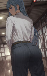 1girl ass belt blue_eyes blue_hair blunt_bangs commentary grey_pants highres huge_ass indoors jujutsu_kaisen long_hair looking_at_viewer looking_back miwa_kasumi pants shexyo shirt shirt_tucked_in solo standing straight_hair striped striped_clothes striped_pants vertical_stripes very_long_hair white_shirt