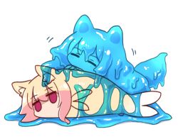 animal_ear_fluff animal_ears animalization blonde_hair closed_eyes empty_eyes fish fox_ears hair_between_eyes kemomimi-chan_(fish)_(naga_u) kemomimi-chan_(naga_u) naga_u no_mouth original purple_eyes red_eyes simple_background slime_(creature) white_background