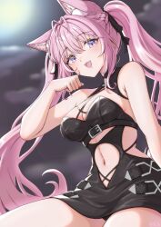 1girl :3 :d absurdres animal_ears antenna_hair bare_arms black_dress black_panties black_ribbon blurry blurry_background blush braid breasts cleavage clothing_cutout commentary_request dress fang hair_between_eyes hair_ribbon hakui_koyori hakui_koyori_(dark_maid) half_up_braid hand_up heart highres hololive large_breasts long_hair looking_at_viewer mochitaro_(mothitaroo) navel navel_cutout official_alternate_costume official_alternate_hairstyle open_mouth outdoors panties panty_peek pink_hair purple_eyes ribbon short_hair smile solo twintails underwear very_long_hair virtual_youtuber wolf_ears wolf_girl