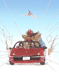 Rule 34 | 3boys, bakuage sentai boonboomger, car, driving, hando taiya, highres, marunana 1022, motor vehicle, multiple boys, no.1 sentai gozyuger, queen tegajune, scared, super sentai, tega sword, tega sword red, tono hoeru