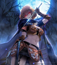 1girl armor bare_tree blonde_hair breasts cape cleavage clementine_(overlord) copyright_logo evil_smile full_moon gloves glowing glowing_eyes holding holding_sword holding_weapon kadokawa licking licking_weapon looking_at_viewer medium_breasts midriff moon navel night official_art open_mouth overlord_(maruyama) red_eyes short_hair smile solo sword teeth tongue tongue_out tree upper_teeth_only weapon