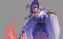 1girl bare_shoulders breast_tattoo breasts cape celine_jules cleavage closed_mouth dchoent dress earrings elbow_gloves facial_mark forehead_mark gloves hat jewelry lips long_hair magic pointy_hat purple_dress purple_hair simple_background smile solo star_ocean star_ocean_the_second_story tattoo witch_hat