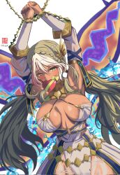 1girl andromeda_(fate) andromeda_(first_ascension)_(fate) armlet armpits arms_up bare_shoulders belly_chain blonde_hair blush box braid breasts chain cleavage collar crown_braid cuffs dark-skinned_female dark_skin detached_sleeves dress fate/grand_order fate_(series) gift gift_box gold_teeth green_eyes hair_ornament heart-shaped_box highres jaws jewelry large_breasts long_hair looking_at_viewer low_twintails metal_collar mouth_hold multicolored_hair restrained shackles short_dress sidelocks solo tetsu_no_samurai twintails two-tone_hair valentine white_dress white_hair