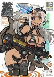 1girl animal_ears bikini bikini_top_only black_gloves black_sclera black_thighhighs blue_eyes blue_nails breasts colored_sclera dark-skinned_female dark_skin ear_piercing elbow_gloves english_text fingerless_gloves gloves grey_hair gun highres holding holding_gun holding_weapon large_breasts long_hair nancou_(nankou) original piercing revealing_clothes solo swimsuit thighhighs trigger_discipline visor_cap weapon