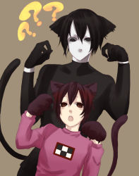1boy 1girl 6_9 animal_ears arms_up bad_id bad_pixiv_id black_hair brown_eyes brown_hair cat_ears cat_tail fangs madotsuki open_mouth paw_pose sekomumasada_sensei tail yume_nikki