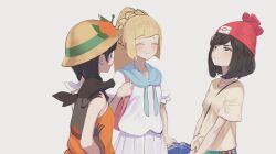 3girls black_hair brown_hat closed_eyes closed_mouth gen_7_pokemon hat highres lillie_(pokemon) long_hair multiple_girls nintendo notori_d on_shoulder orange_shirt pokemon pokemon_(creature) pokemon_on_shoulder pokemon_sm pokemon_usum ponytail red_hat salandit selene_(pokemon) shirt short_hair short_sleeves skirt sleeveless sleeveless_shirt upper_body white_background white_shirt white_skirt yellow_shirt