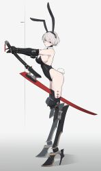 1girl absurdres animal_ears black_leotard breasts detached_collar fake_animal_ears from_side grey_hair highres holding holding_sword holding_weapon huge_weapon joints large_breasts leotard looking_at_viewer machine mechanical_arms mechanical_legs original playboy_bunny rabbit_ears rabbit_tail re1kirisaki342 red_eyes robot_joints short_hair sideboob standing sword sword_between_thighs tail weapon white_background