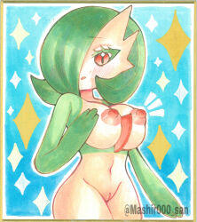 Rule 34 | 1girl, amaki mashiro, artist name, blue background, blush, bob cut, border, breasts, cleft of venus, colored eyelashes, colored skin, female focus, gardevoir, gen 3 pokemon, green hair, green skin, groin, hair over one eye, hand up, large breasts, looking at viewer, multicolored skin, navel, nintendo, nipples, notice lines, one eye covered, open mouth, outline, outside border, pokemon, pokemon (creature), pussy, raised eyebrows, red eyes, short hair, shy, solo, sparkle, stomach, traditional media, twitter username, two-tone skin, watermark, white border, white outline, white skin, wide hips
